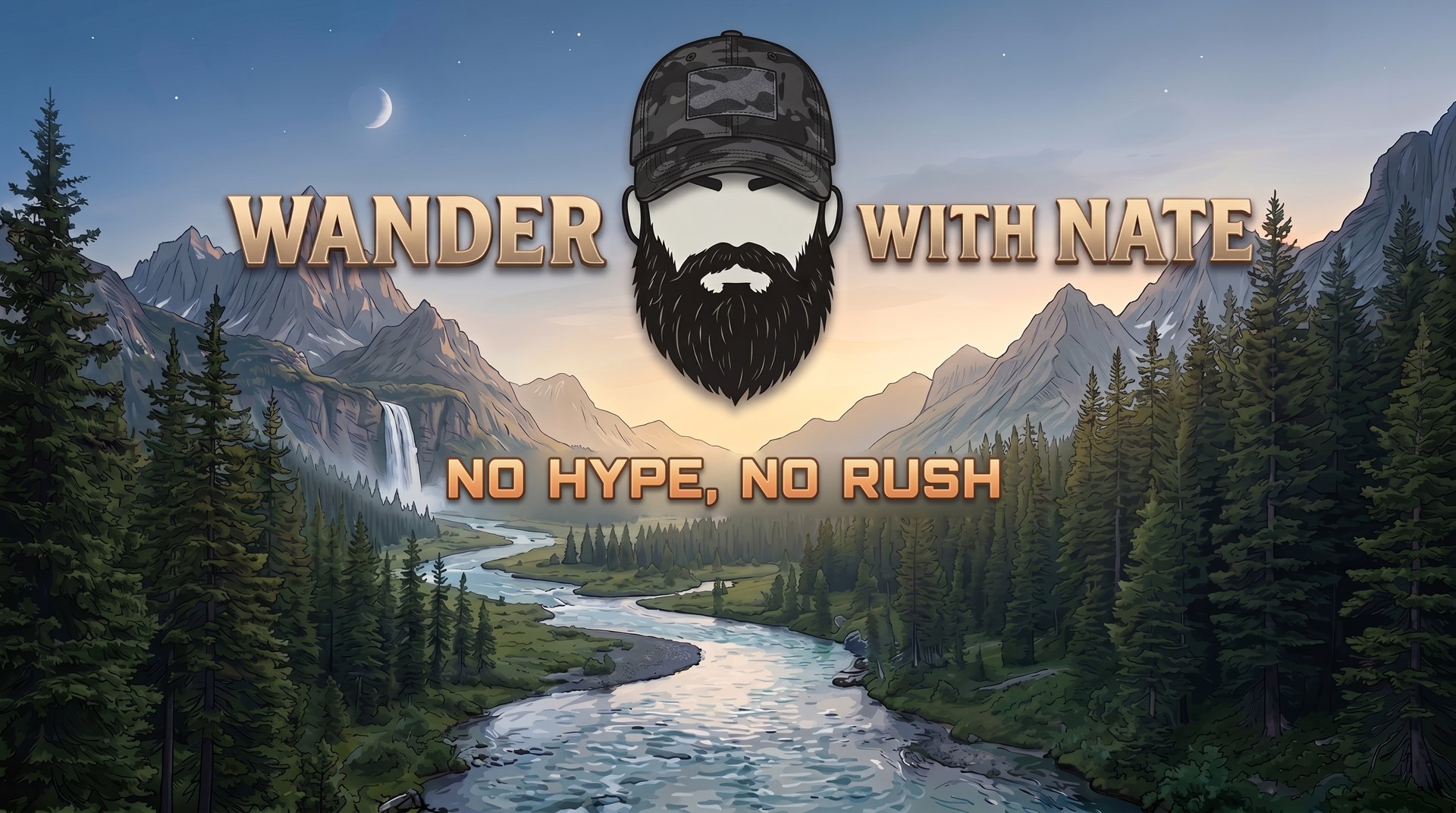 The Wander with Nate logo, a bearded face in a camouflage cap, above the words No hype, no rush. Behind it, a river winds through a pine valley toward mountains and a waterfall at dusk.