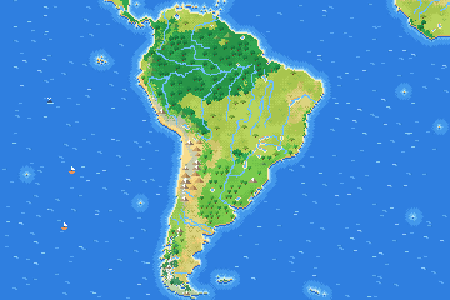 Pixel-art map of South America.