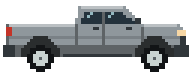 A pixel-art pickup truck driving along a road under the map.